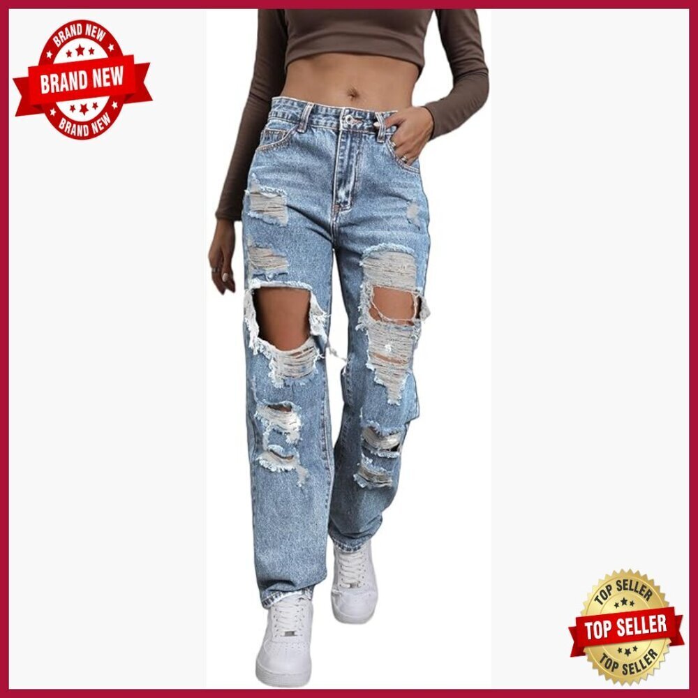 High Waisted Distressed Ripped Jeans Straight Wide Leg Y2K Pants
